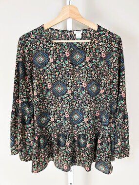 J. Crew Peplum Blouse Top Size L Medallion Floral Boho Bell Sleeve Keyhole